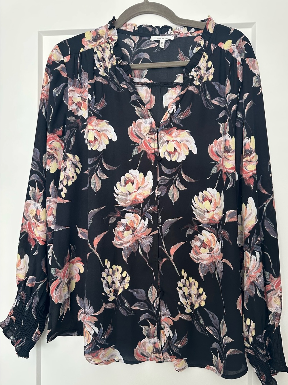 Maurices Black Floral V-Neck Long Sleeve Blouse with Pink and Cream Blooms
